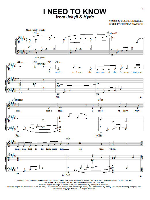 Download Leslie Bricusse I Need To Know (from Jekyll & Hyde) Sheet Music and learn how to play Piano, Vocal & Guitar (Right-Hand Melody) PDF digital score in minutes