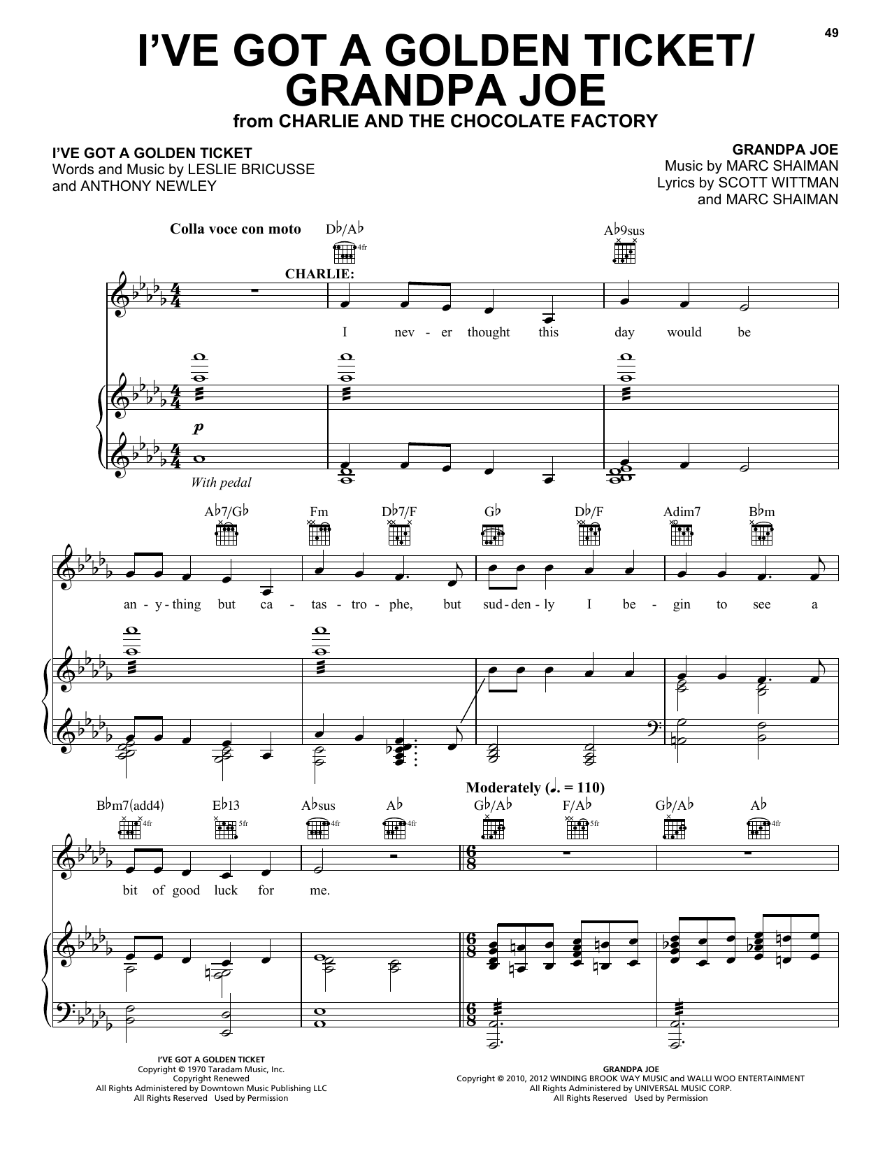 Download Leslie Bricusse I've Got A Golden Ticket / Grandpa Joe (from Charlie And The Chocolate Factory) Sheet Music and learn how to play Piano, Vocal & Guitar Chords (Right-Hand Melody) PDF digital score in minutes