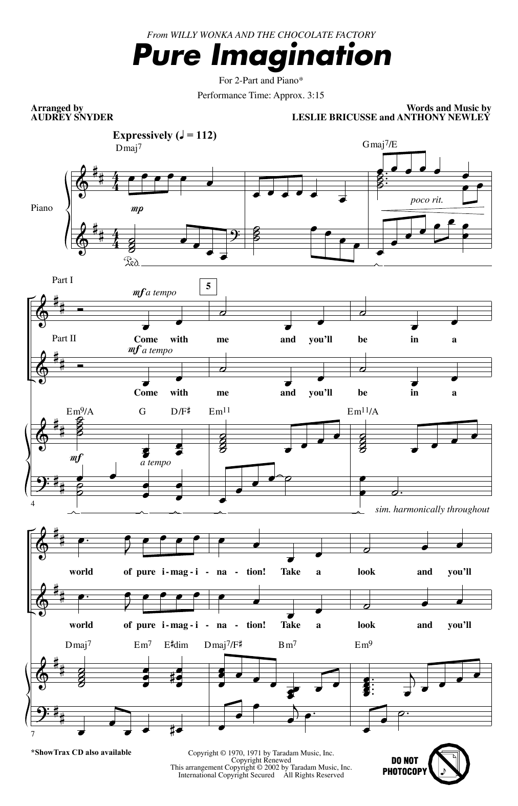 Download Leslie Bricusse Pure Imagination (from Willy Wonka & The Chocolate Factory) (arr. Audrey Snyder) Sheet Music and learn how to play 2-Part Choir PDF digital score in minutes