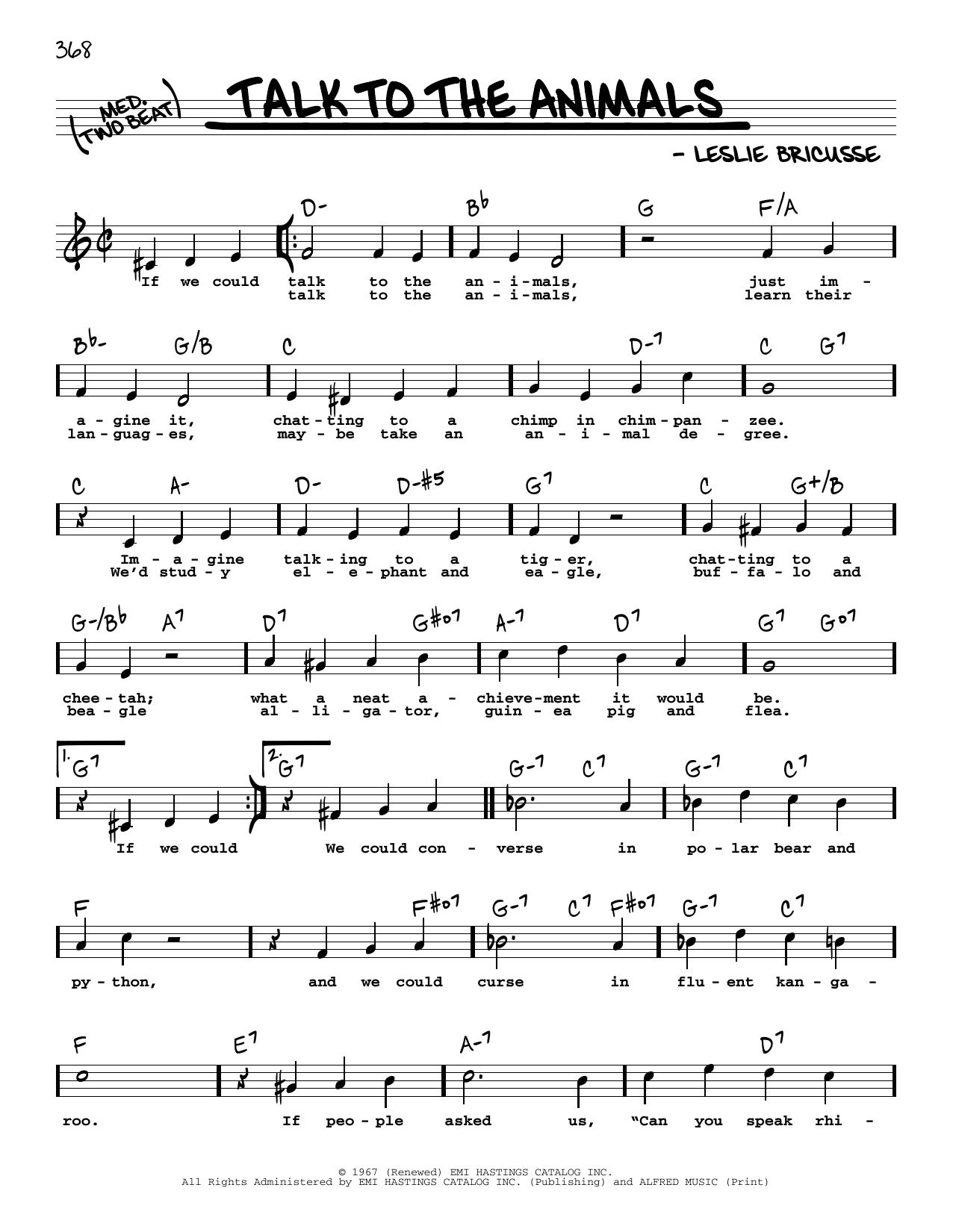 Download Leslie Bricusse Talk To The Animals (High Voice) Sheet Music and learn how to play Real Book – Melody, Lyrics & Chords PDF digital score in minutes