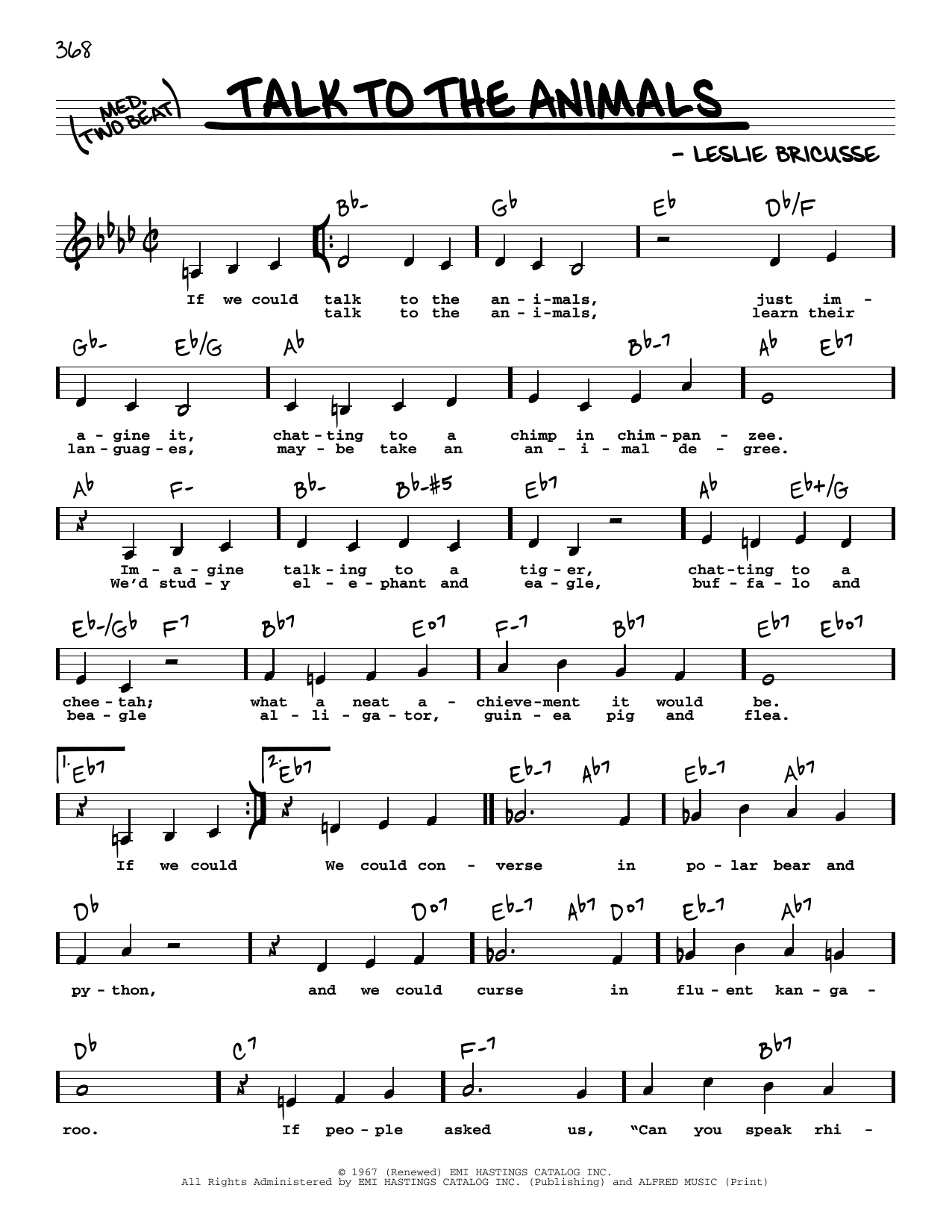 Download Leslie Bricusse Talk To The Animals (Low Voice) Sheet Music and learn how to play Real Book – Melody, Lyrics & Chords PDF digital score in minutes