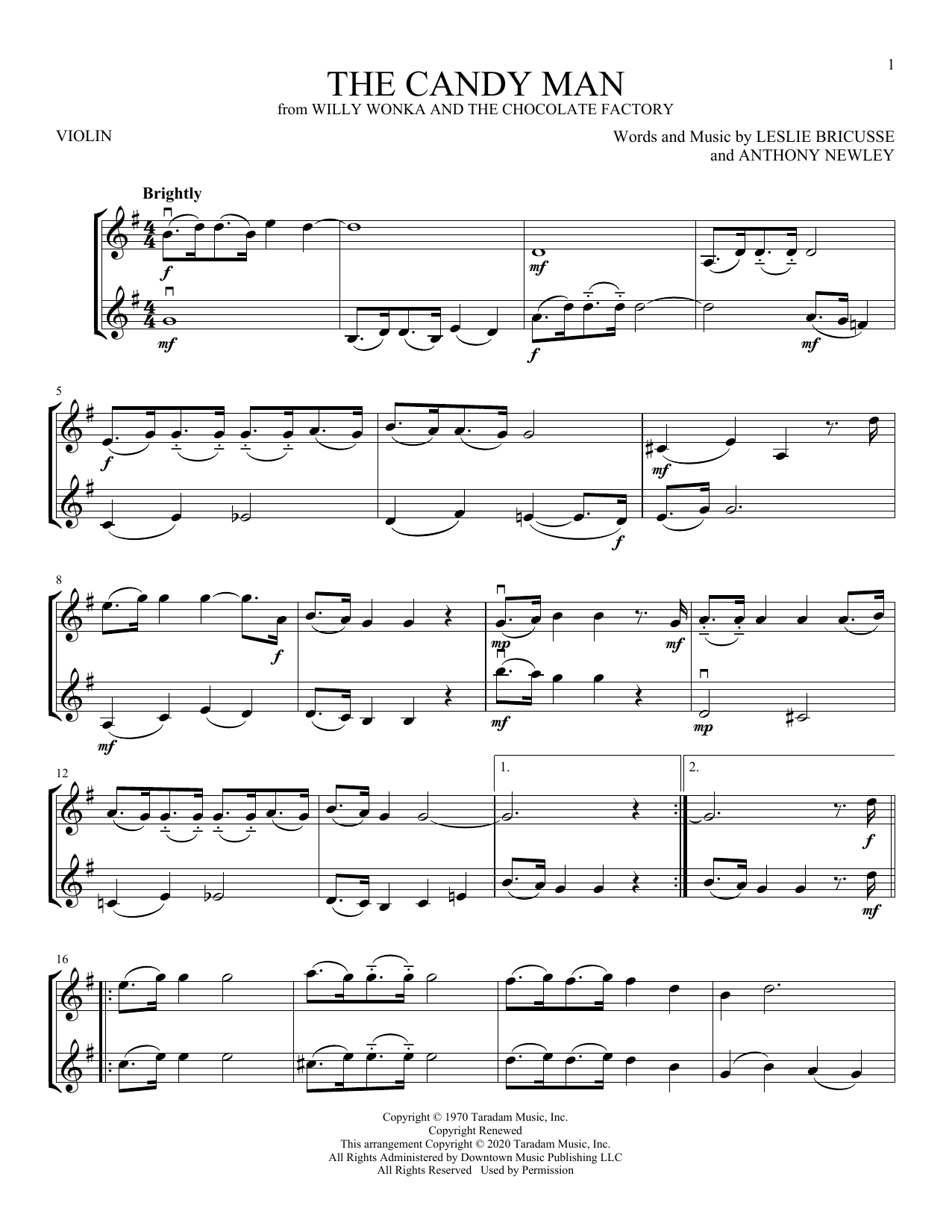 Download Leslie Bricusse The Candy Man (from Willy Wonka & The Chocolate Factory) Sheet Music and learn how to play Violin Duet PDF digital score in minutes