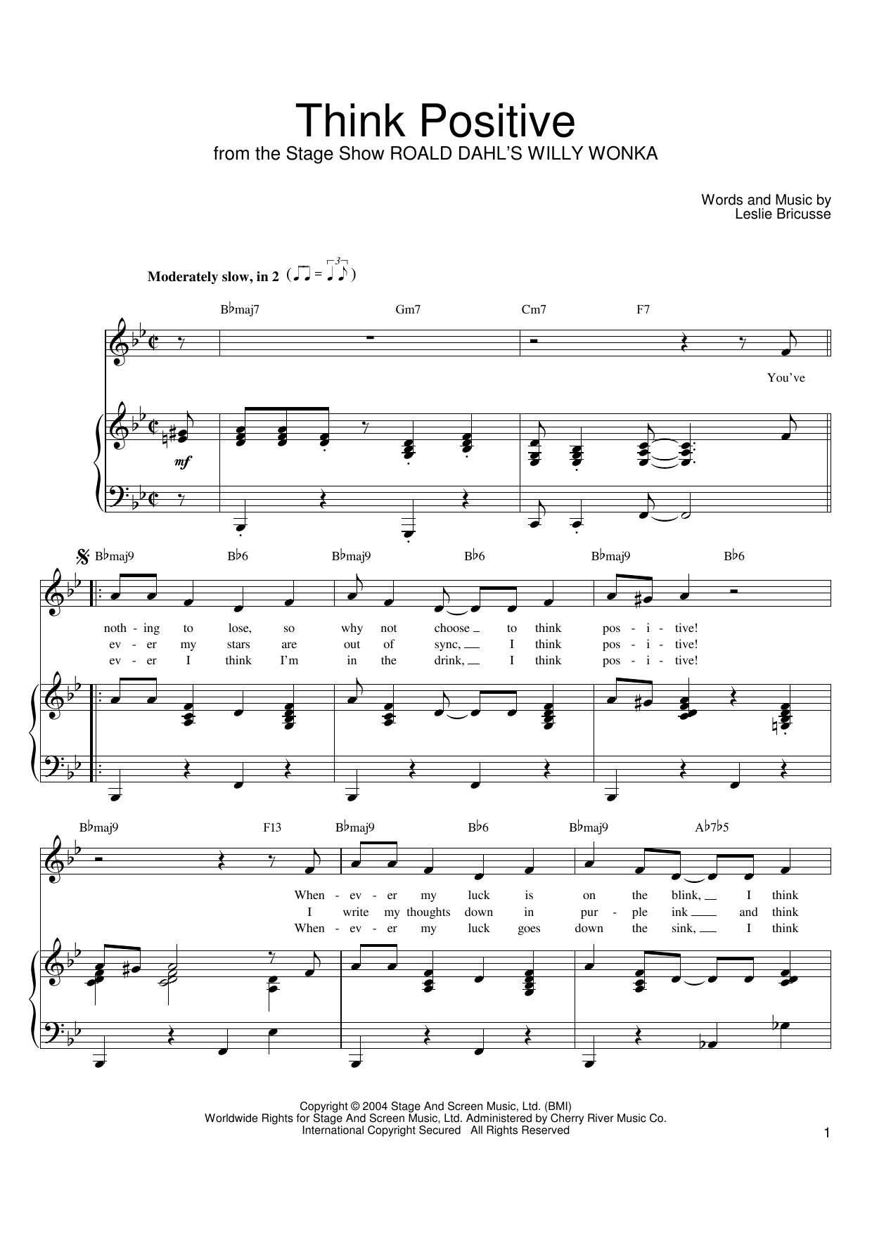 Download Leslie Bricusse Think Positive Sheet Music and learn how to play Piano, Vocal & Guitar (Right-Hand Melody) PDF digital score in minutes