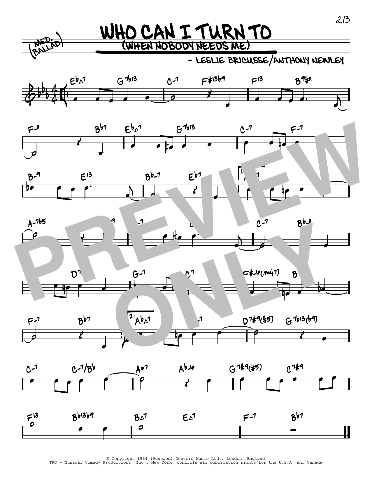 Download Leslie Bricusse Who Can I Turn To (When Nobody Needs Me) (arr. David Hazeltine) Sheet Music and learn how to play Real Book – Enhanced Chords PDF digital score in minutes