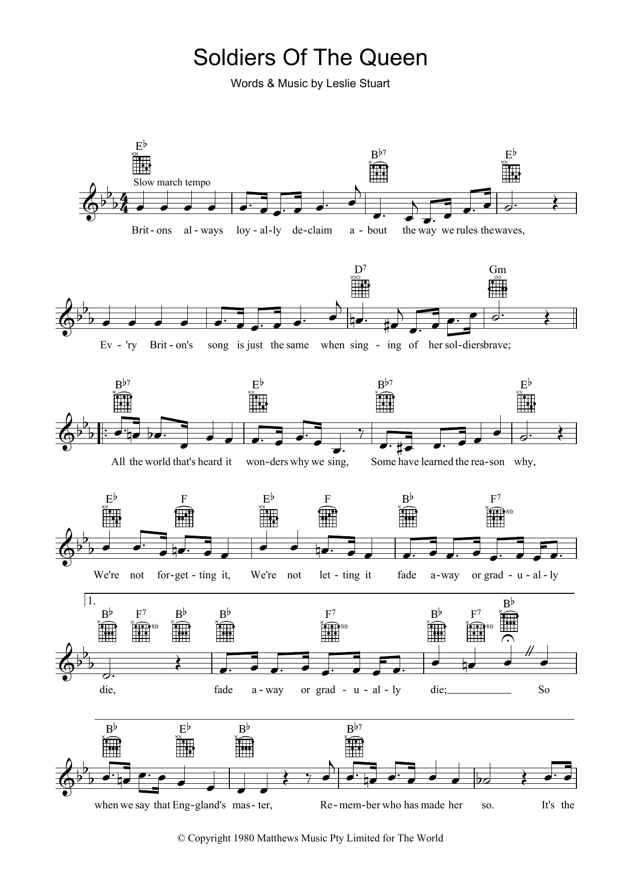 Download Leslie Stuart Soldiers Of The Queen Sheet Music and learn how to play Melody Line, Lyrics & Chords PDF digital score in minutes