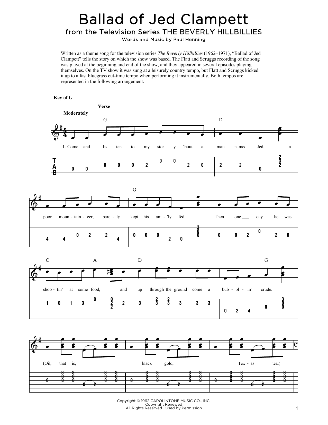 Download Lester Flatt & Earl Scruggs Ballad Of Jed Clampett (from The Beverly Hillbillies) (arr. Fred Sokolow) Sheet Music and learn how to play Banjo Tab PDF digital score in minutes