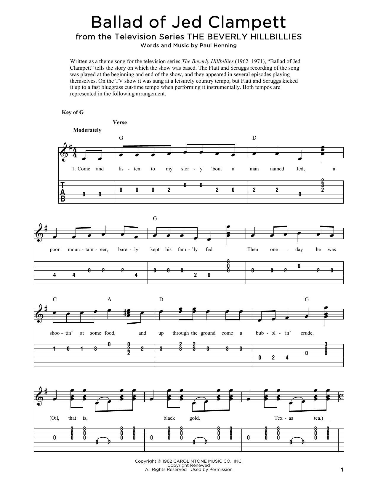 Download Lester Flatt & Earl Scruggs Ballad Of Jed Clampett (from The Beverly Hillbillies) (arr. Fred Sokolow) Sheet Music and learn how to play Solo Guitar PDF digital score in minutes