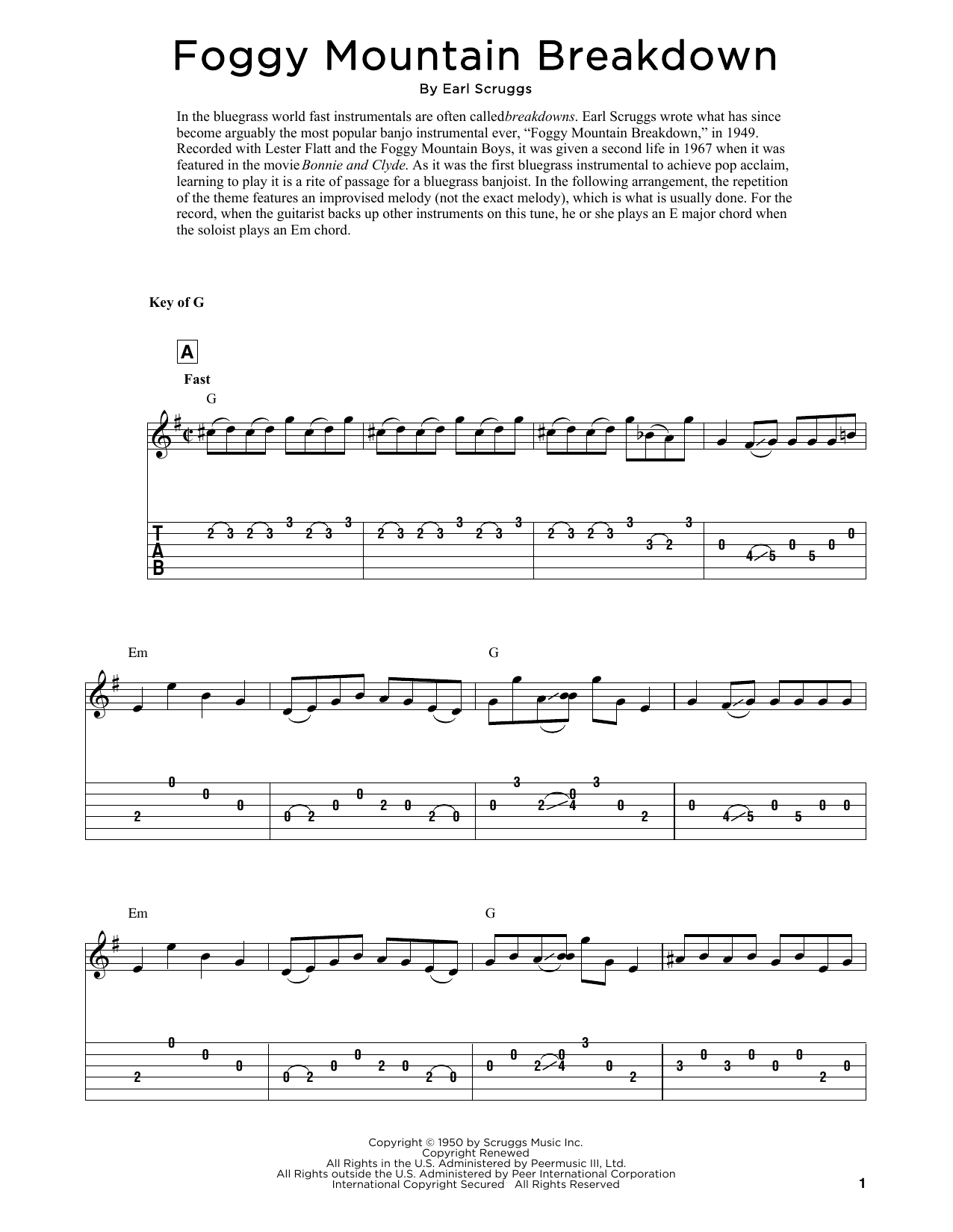 Download Lester Flatt & Earl Scruggs Foggy Mountain Breakdown (arr. Fred Sokolow) Sheet Music and learn how to play Solo Guitar PDF digital score in minutes
