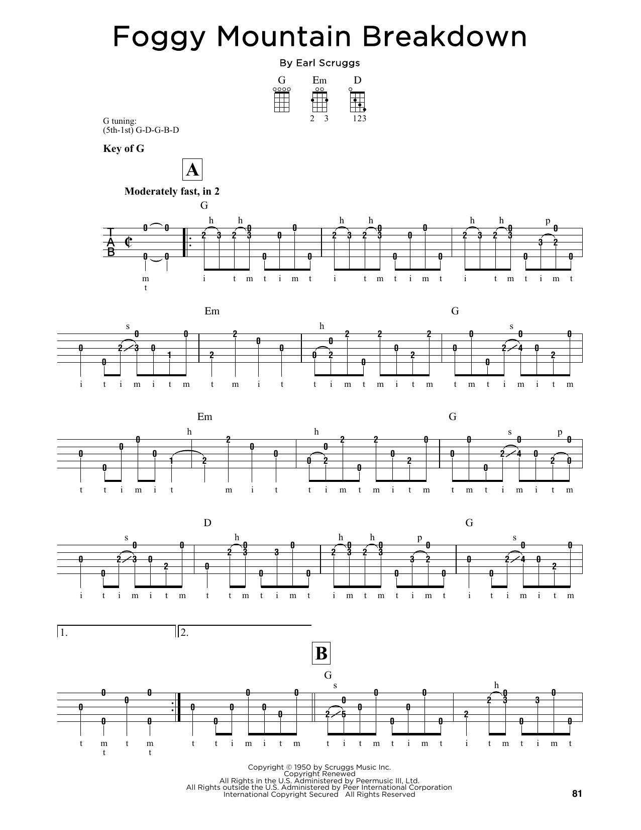 Download Lester Flatt & Earl Scruggs Foggy Mountain Breakdown Sheet Music and learn how to play Banjo PDF digital score in minutes