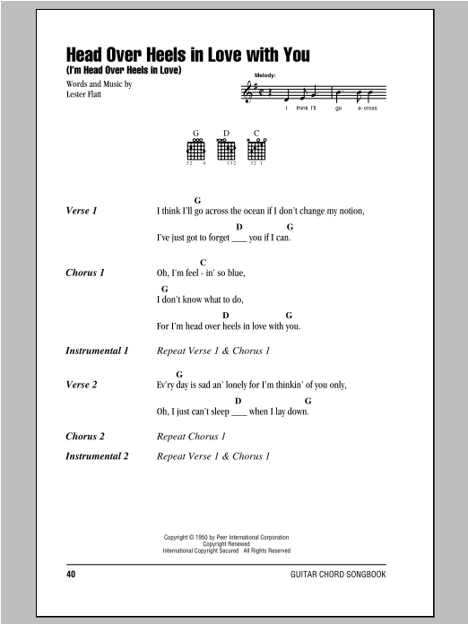 Download Lester Flatt Head Over Heels In Love With You (I'm Head Over Heels In Love) Sheet Music and learn how to play Real Book – Melody, Lyrics & Chords PDF digital score in minutes