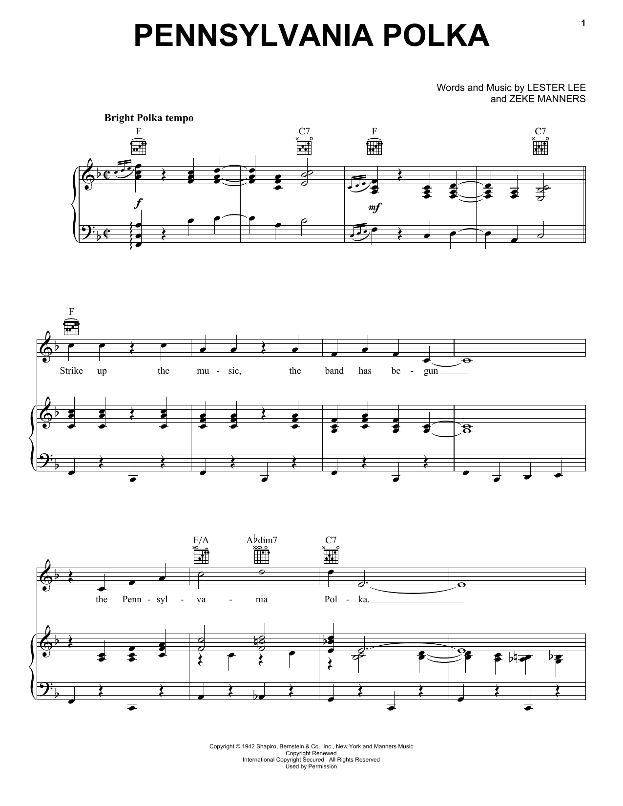 Download Lester Lee Pennsylvania Polka Sheet Music and learn how to play Piano, Vocal & Guitar (Right-Hand Melody) PDF digital score in minutes