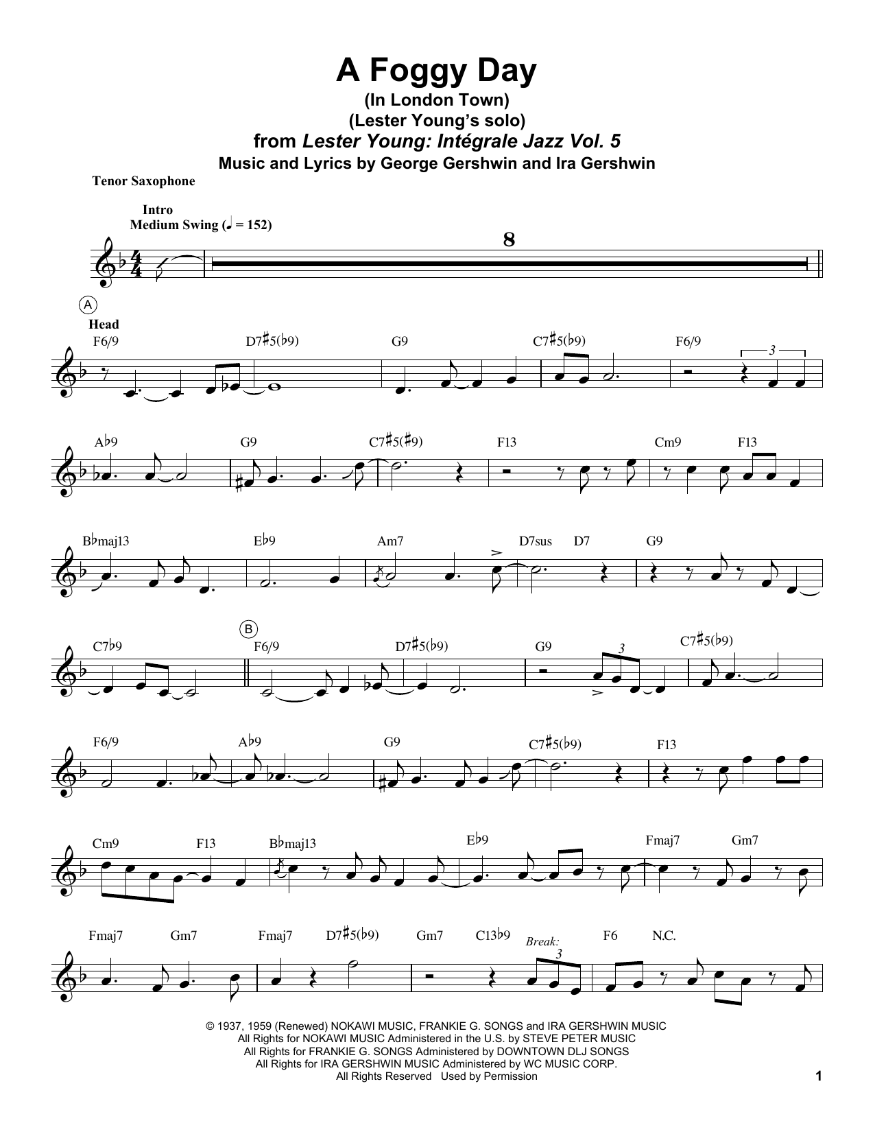 Download Lester Young A Foggy Day (In London Town) Sheet Music and learn how to play Tenor Sax Transcription PDF digital score in minutes