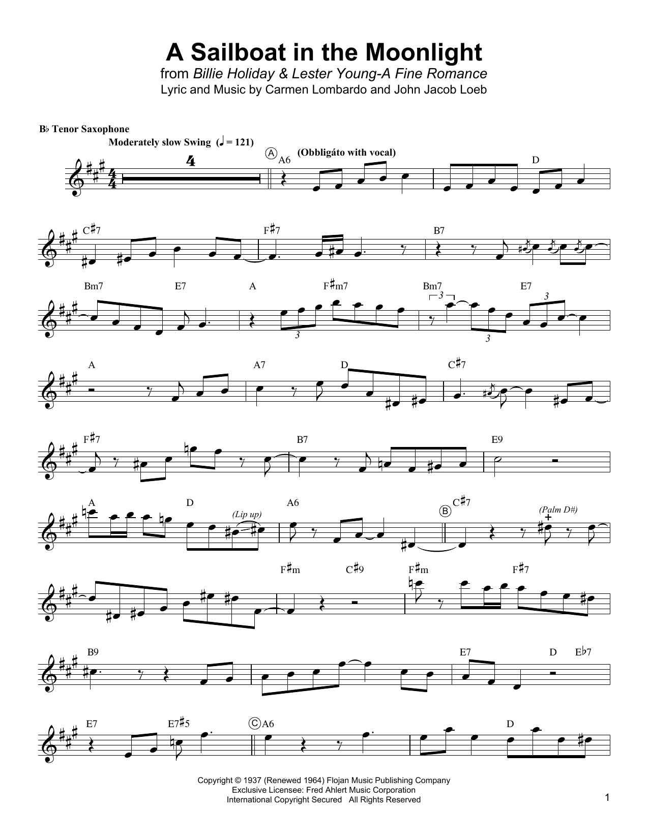 Download Lester Young A Sailboat In The Moonlight Sheet Music and learn how to play Tenor Sax Transcription PDF digital score in minutes