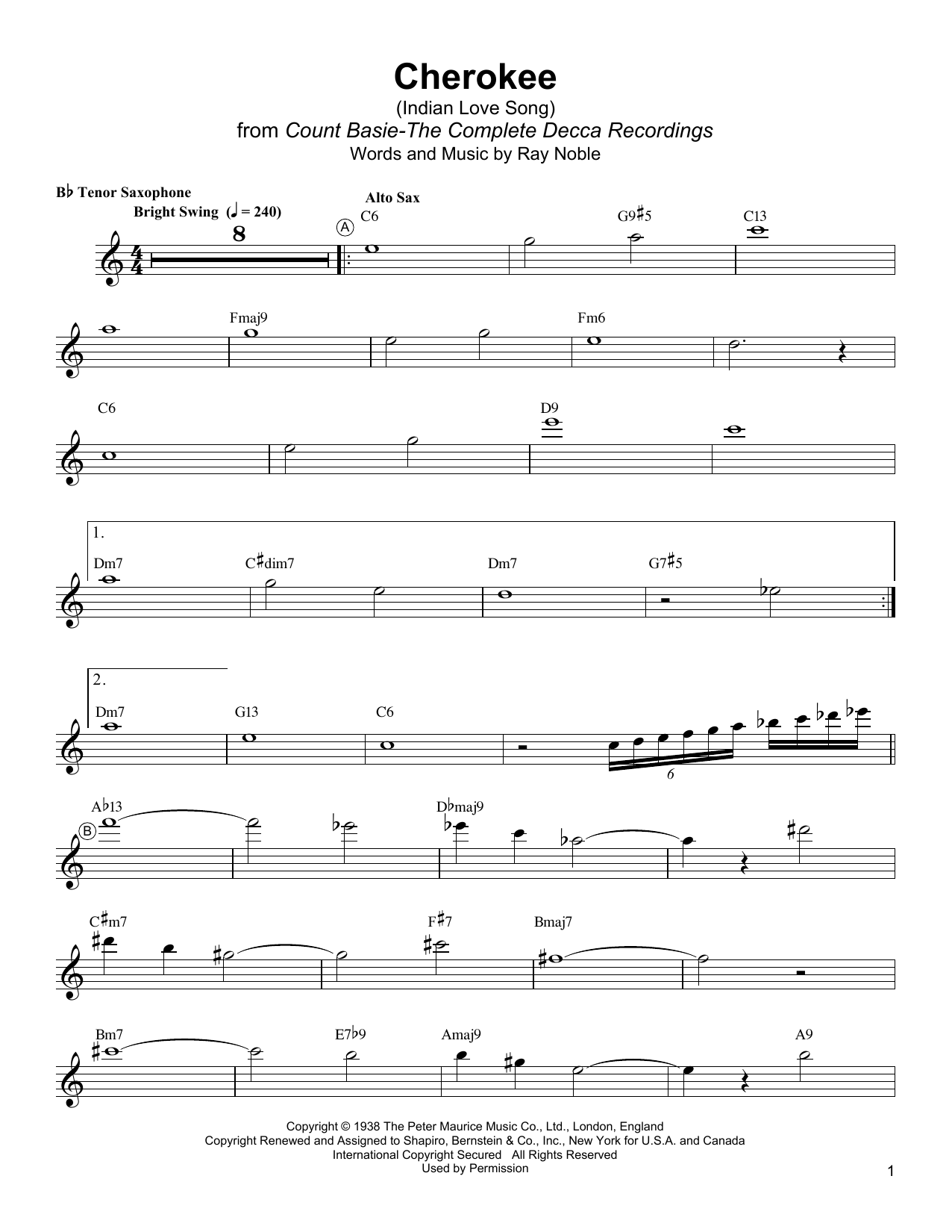 Download Lester Young Cherokee (Indian Love Song) Sheet Music and learn how to play Tenor Sax Transcription PDF digital score in minutes