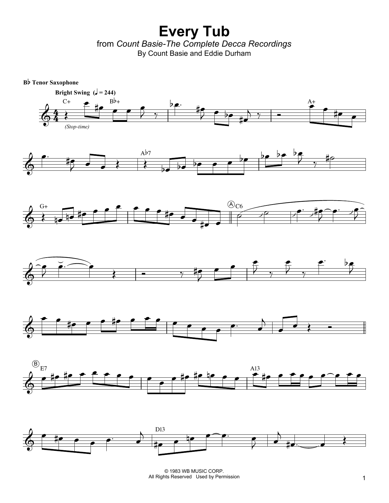 Download Lester Young Every Tub Sheet Music and learn how to play Tenor Sax Transcription PDF digital score in minutes