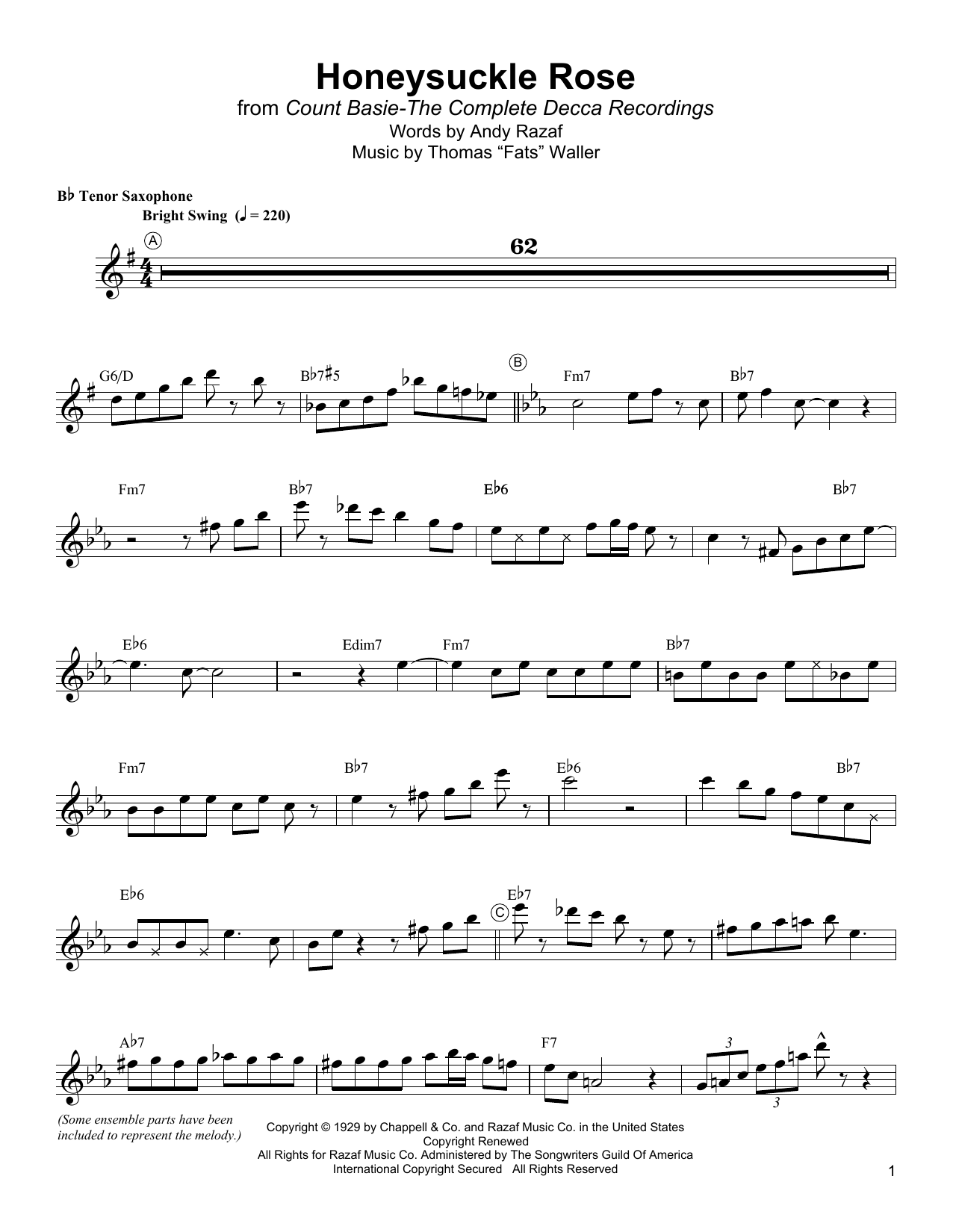 Download Lester Young Honeysuckle Rose Sheet Music and learn how to play Tenor Sax Transcription PDF digital score in minutes