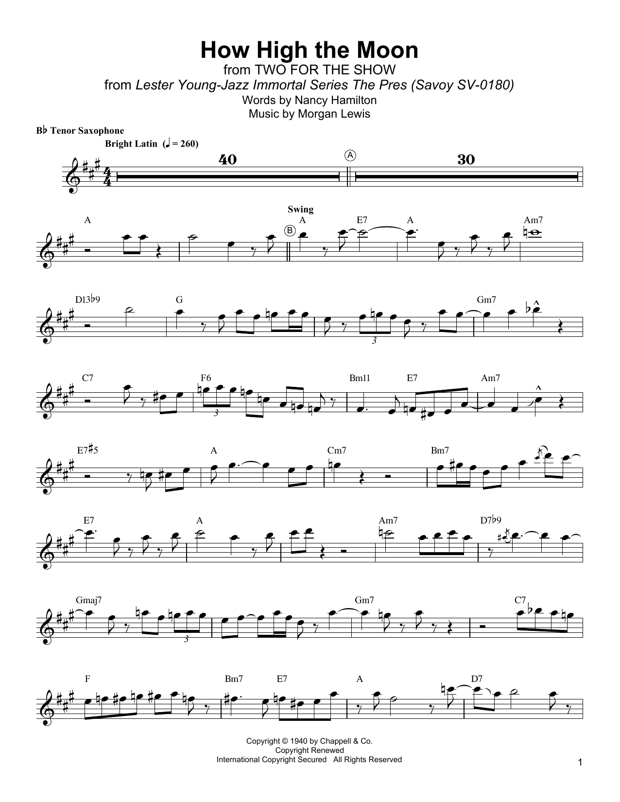 Download Lester Young How High The Moon Sheet Music and learn how to play Tenor Sax Transcription PDF digital score in minutes