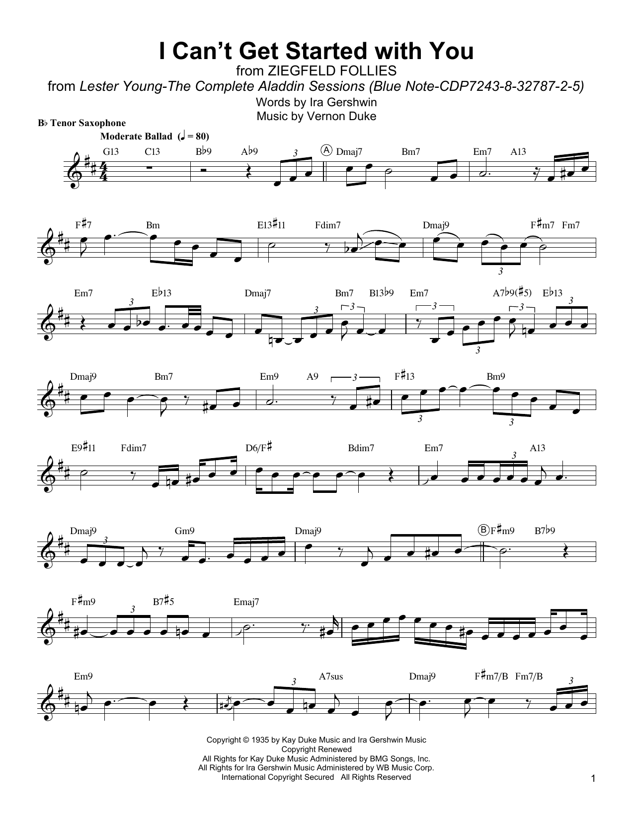 Download Lester Young I Can't Get Started Sheet Music and learn how to play Tenor Sax Transcription PDF digital score in minutes
