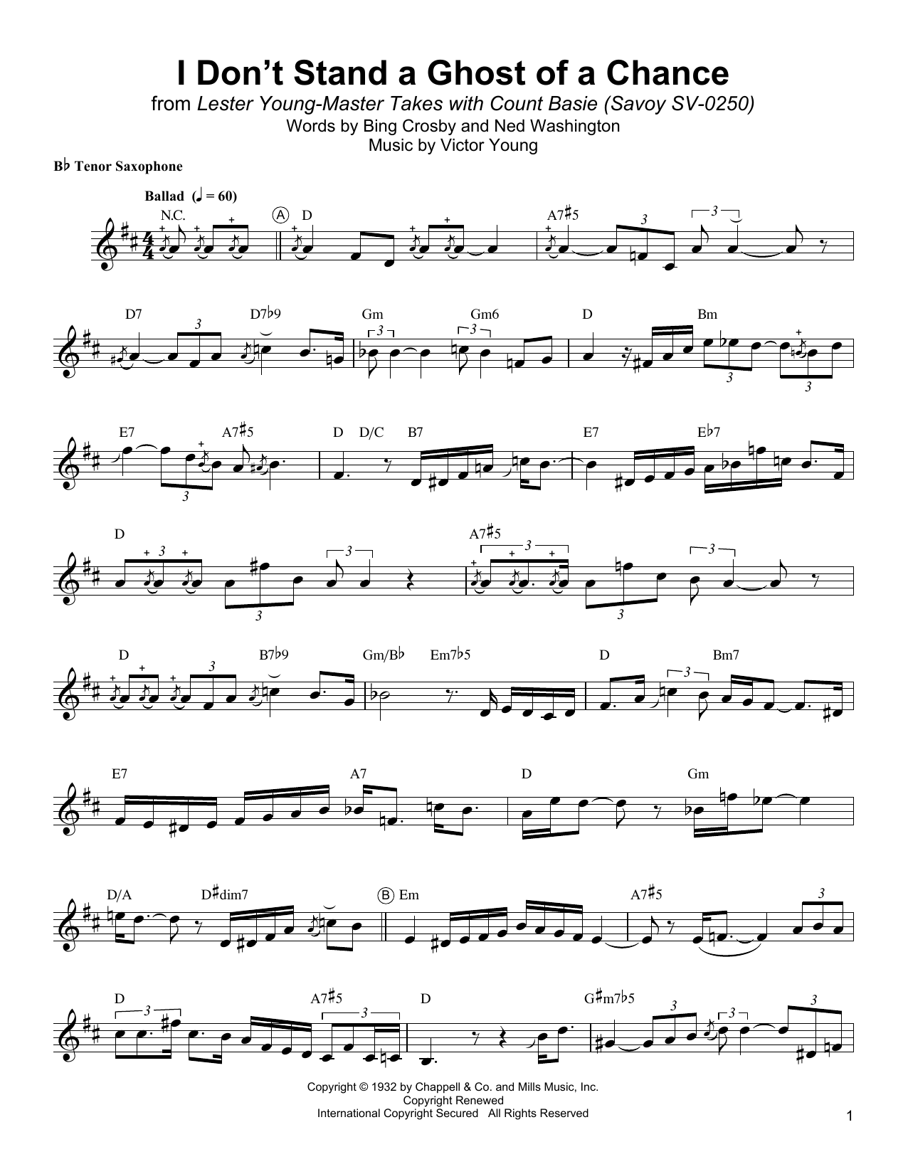 Download Lester Young I Don't Stand A Ghost Of A Chance With You Sheet Music and learn how to play Tenor Sax Transcription PDF digital score in minutes