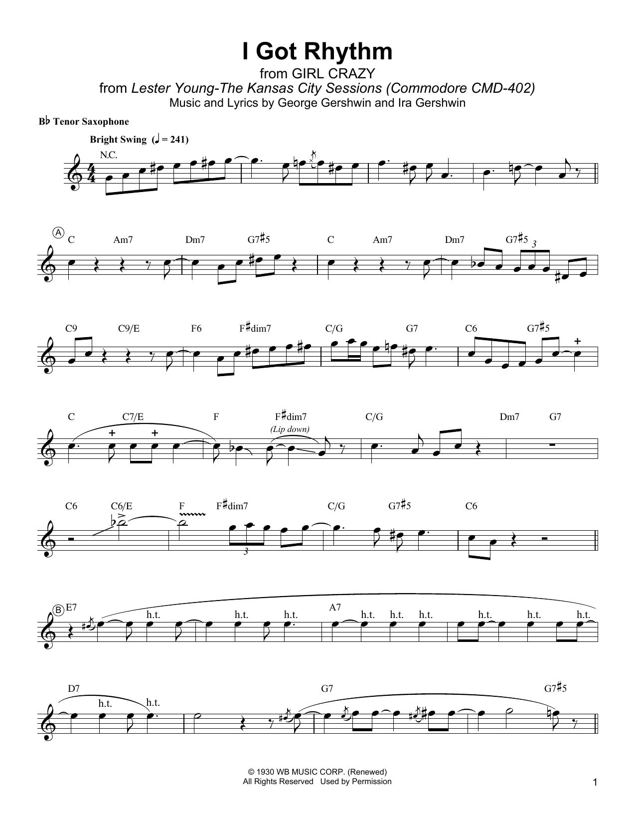 Download Lester Young I Got Rhythm Sheet Music and learn how to play Tenor Sax Transcription PDF digital score in minutes