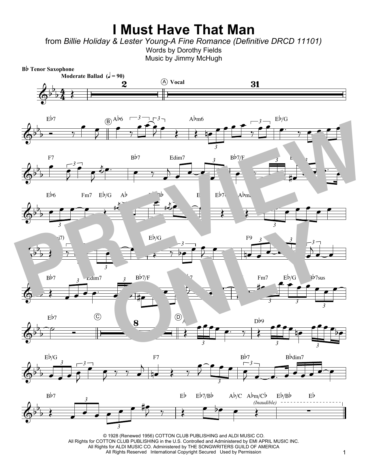 Download Lester Young I Must Have That Man Sheet Music and learn how to play Tenor Sax Transcription PDF digital score in minutes