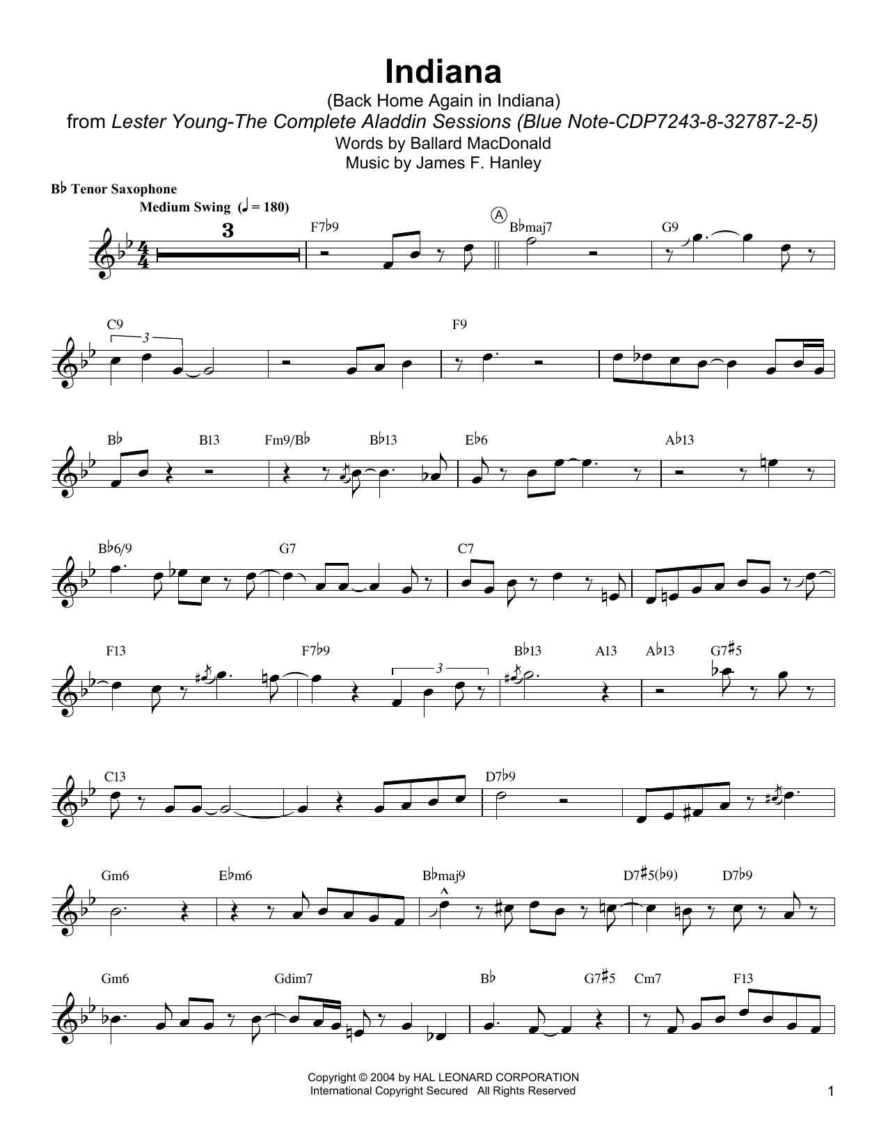 Download Lester Young Indiana (Back Home Again In Indiana) Sheet Music and learn how to play Tenor Sax Transcription PDF digital score in minutes