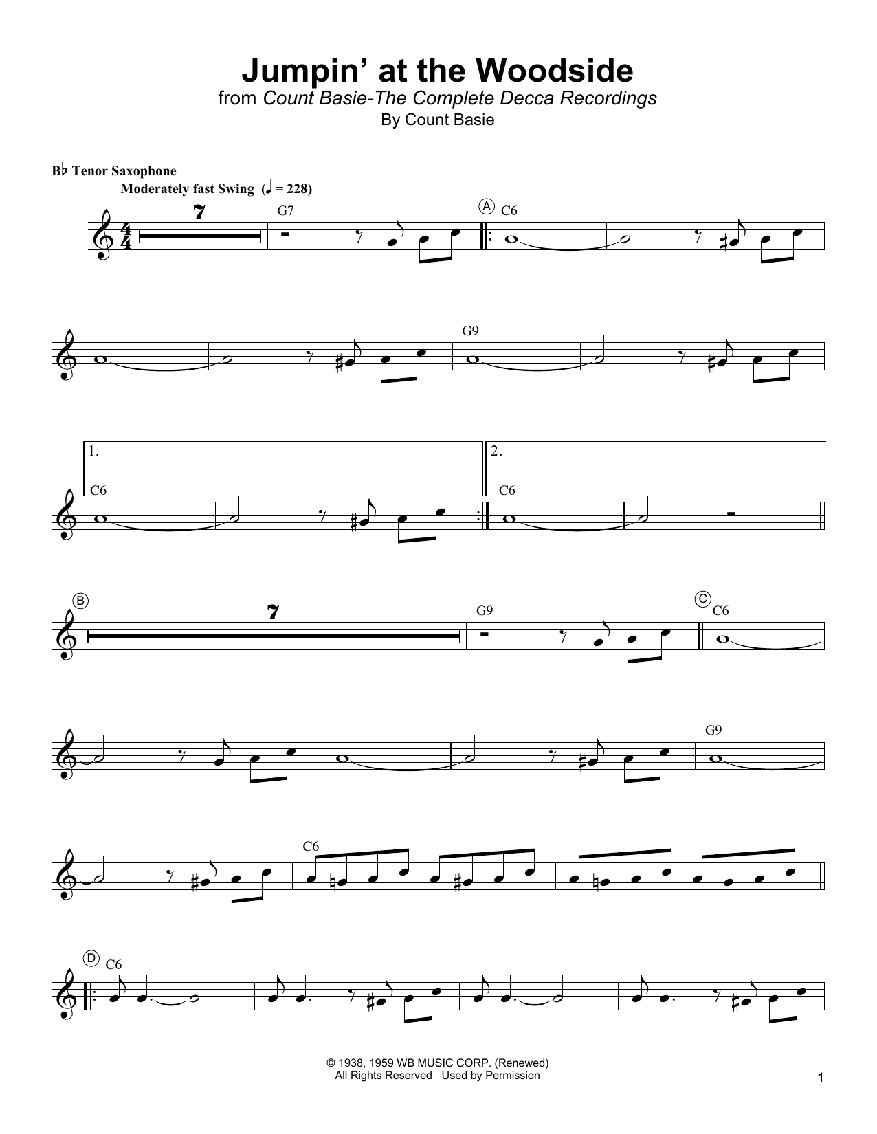 Download Lester Young Jumpin' At The Woodside Sheet Music and learn how to play Tenor Sax Transcription PDF digital score in minutes