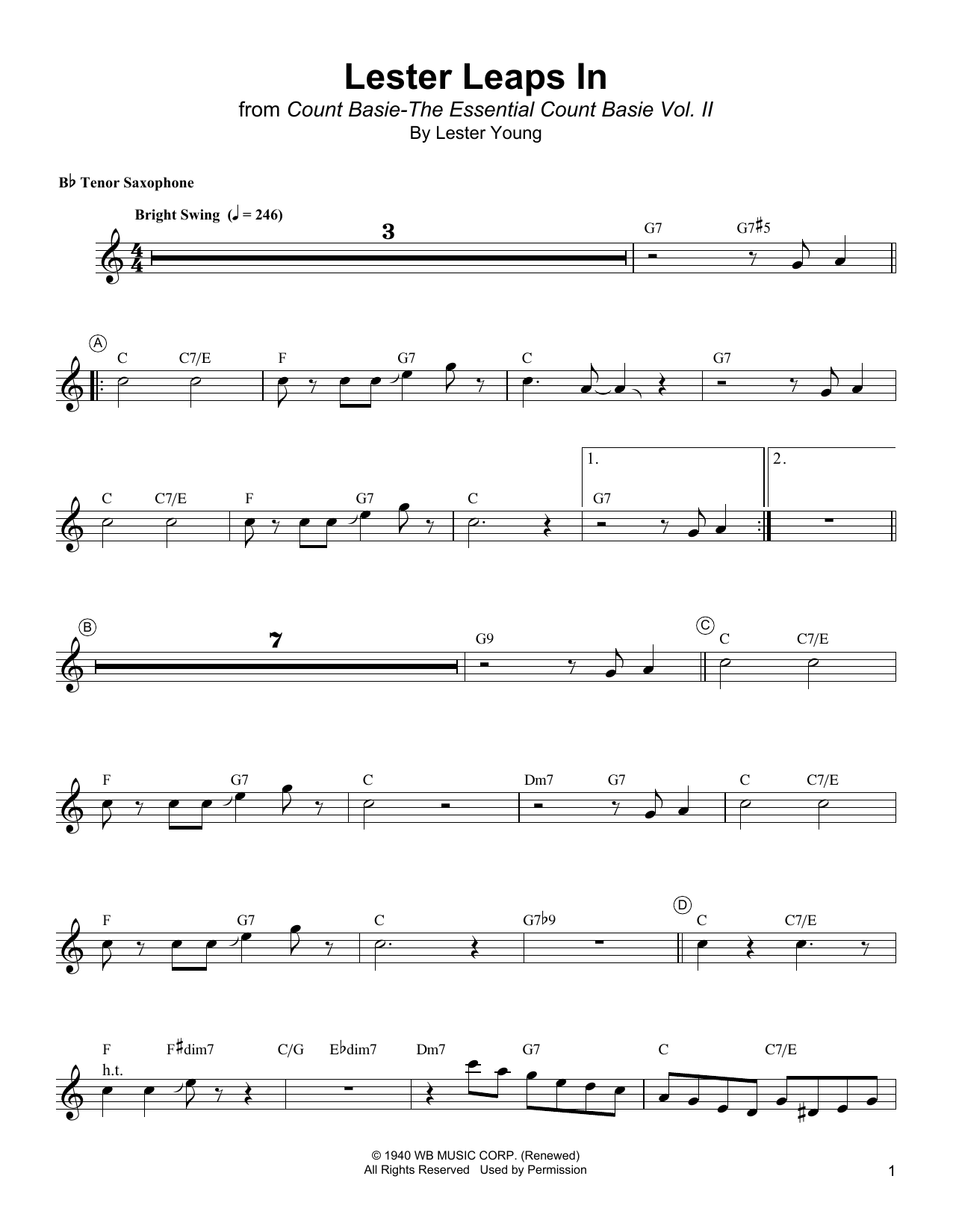Download Lester Young Lester Leaps In Sheet Music and learn how to play Tenor Sax Transcription PDF digital score in minutes