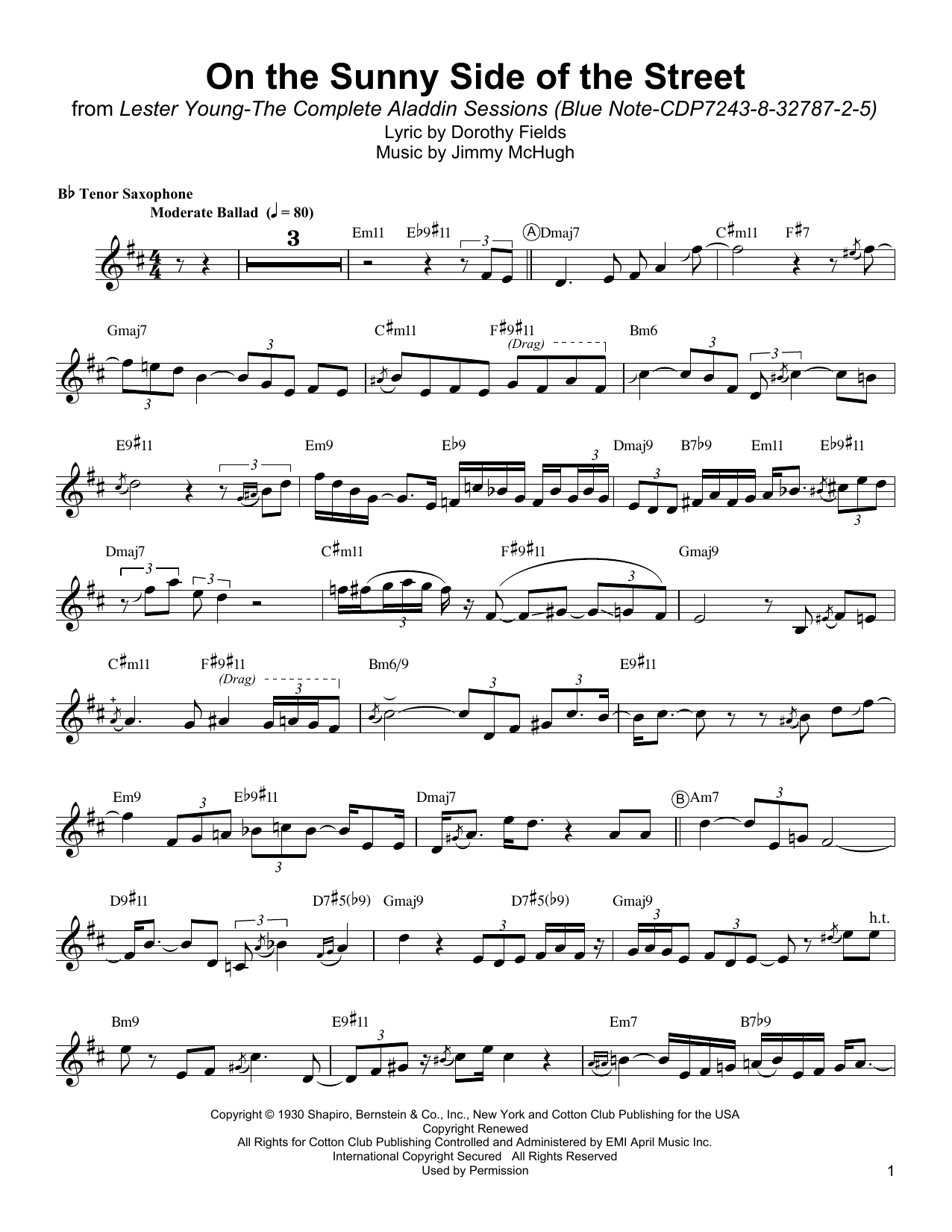 Download Lester Young On The Sunny Side Of The Street Sheet Music and learn how to play Tenor Sax Transcription PDF digital score in minutes