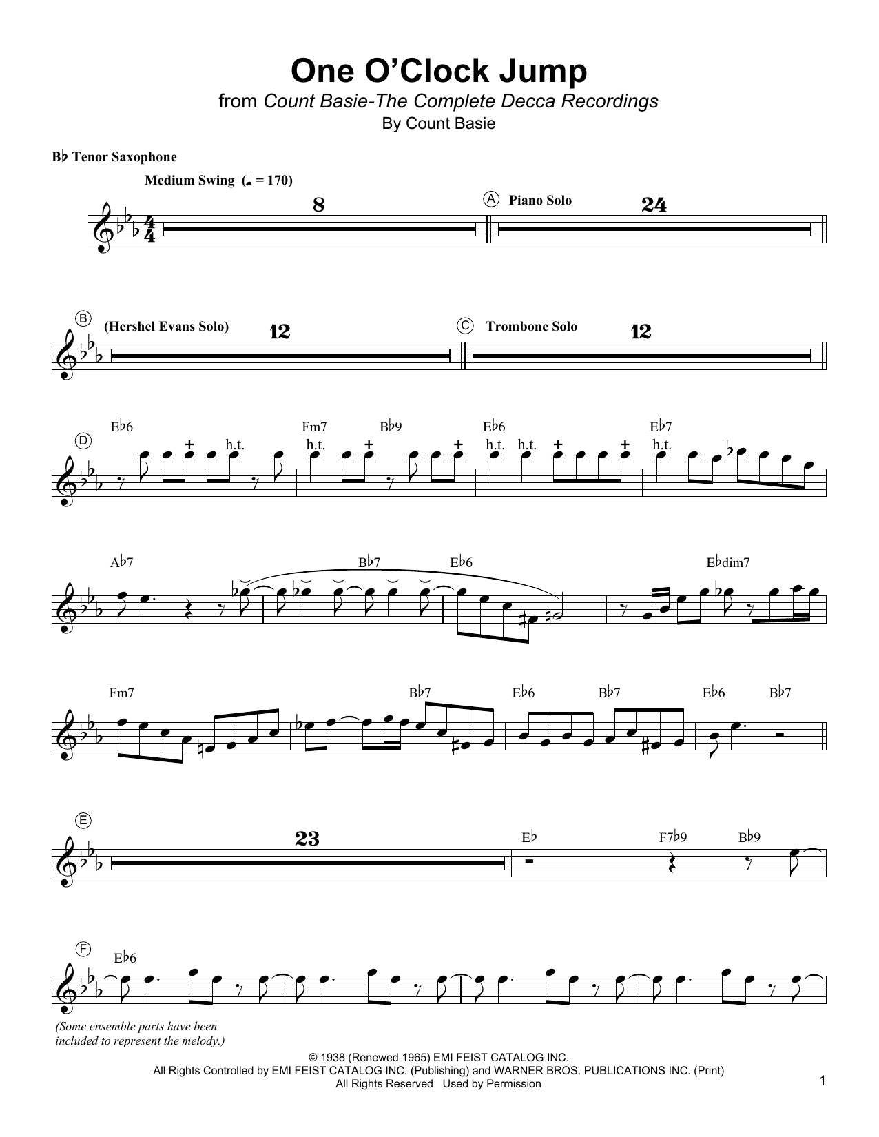 Download Lester Young One O'Clock Jump Sheet Music and learn how to play Tenor Sax Transcription PDF digital score in minutes