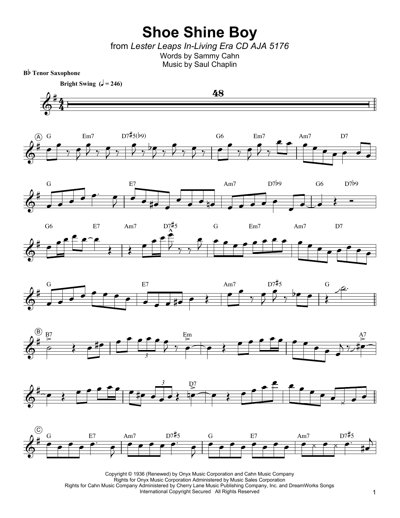 Download Lester Young Shoe Shine Boy Sheet Music and learn how to play Tenor Sax Transcription PDF digital score in minutes