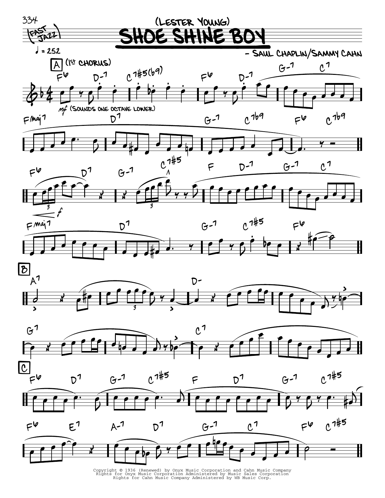 Download Lester Young Shoe Shine Boy (solo only) Sheet Music and learn how to play Real Book – Melody & Chords PDF digital score in minutes