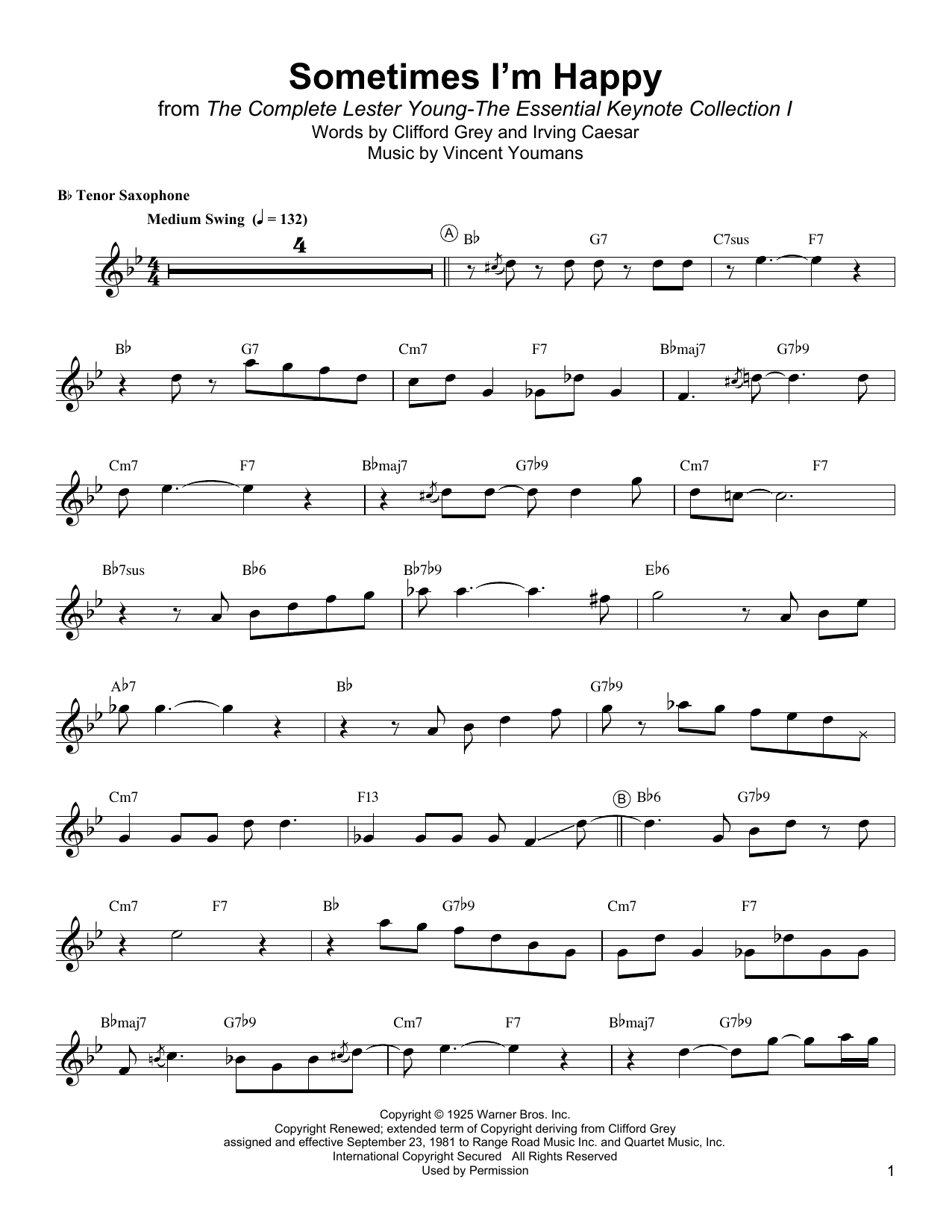 Download Lester Young Sometimes I'm Happy Sheet Music and learn how to play Tenor Sax Transcription PDF digital score in minutes