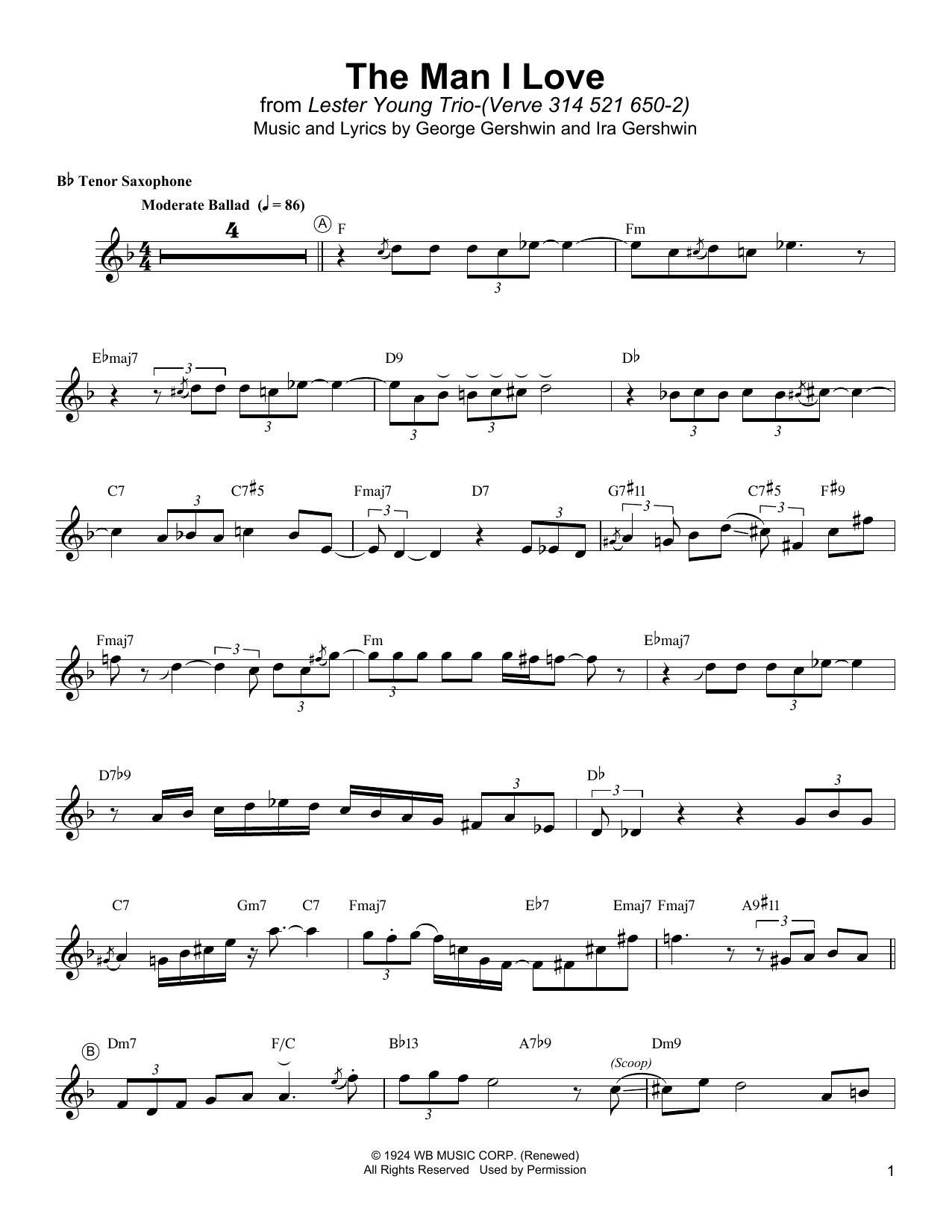 Download Lester Young The Man I Love Sheet Music and learn how to play Tenor Sax Transcription PDF digital score in minutes