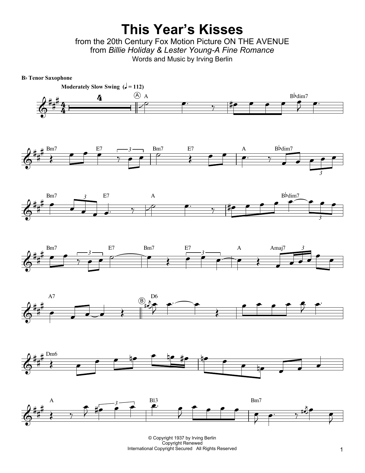 Download Lester Young This Year's Kisses Sheet Music and learn how to play Tenor Sax Transcription PDF digital score in minutes