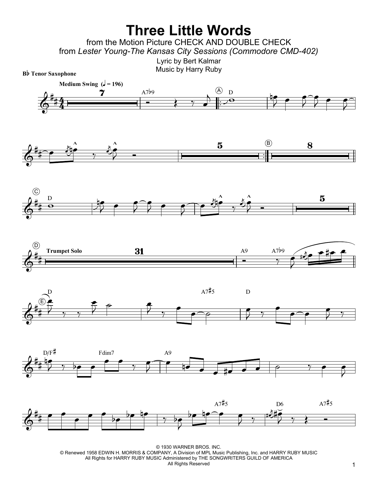 Download Lester Young Three Little Words Sheet Music and learn how to play Tenor Sax Transcription PDF digital score in minutes