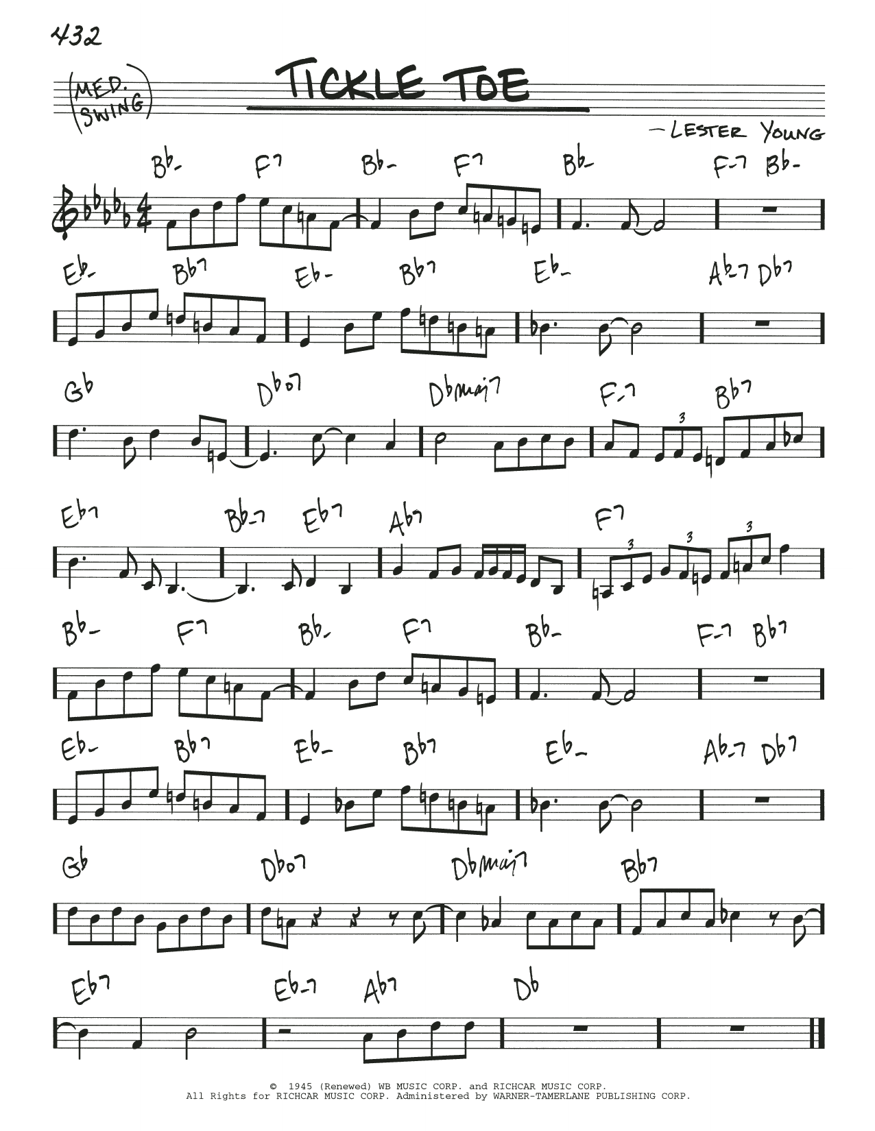 Download Lester Young Tickle Toe Sheet Music and learn how to play Real Book – Melody & Chords PDF digital score in minutes
