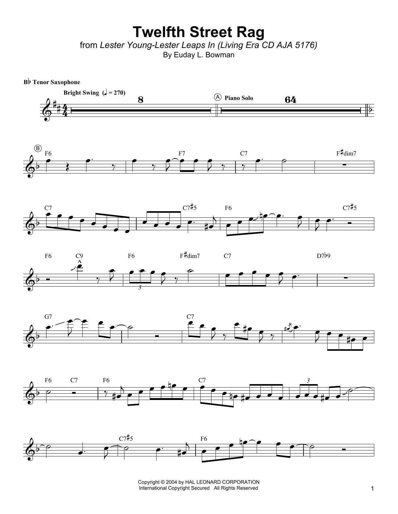 Download Lester Young Twelfth Street Rag Sheet Music and learn how to play Tenor Sax Transcription PDF digital score in minutes