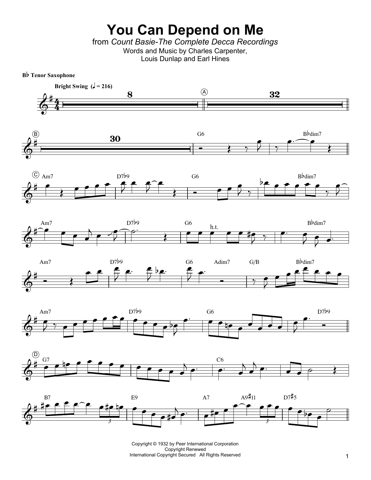 Download Lester Young You Can Depend On Me Sheet Music and learn how to play Tenor Sax Transcription PDF digital score in minutes