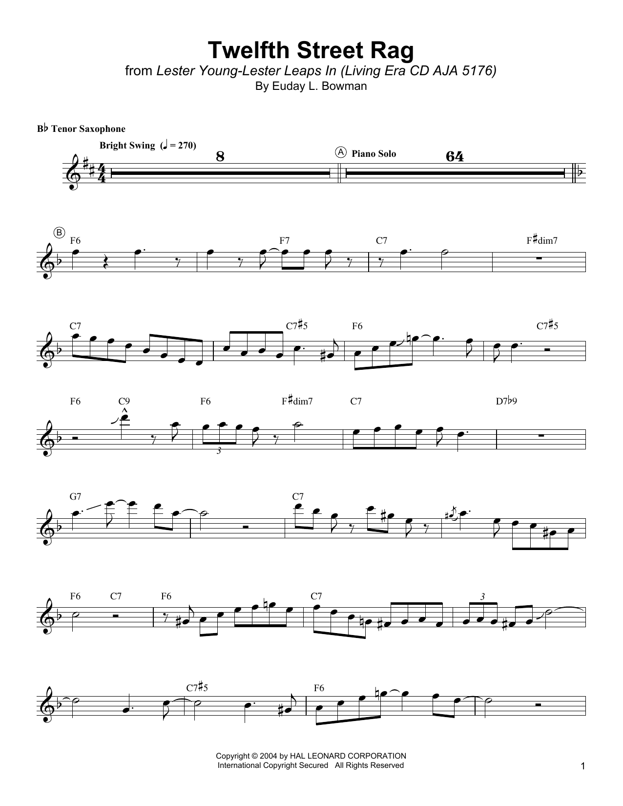 Lester Young Twelfth Street Rag Sheet Music Notes Chords Tenor Sax Transcription Download Jazz Pdf