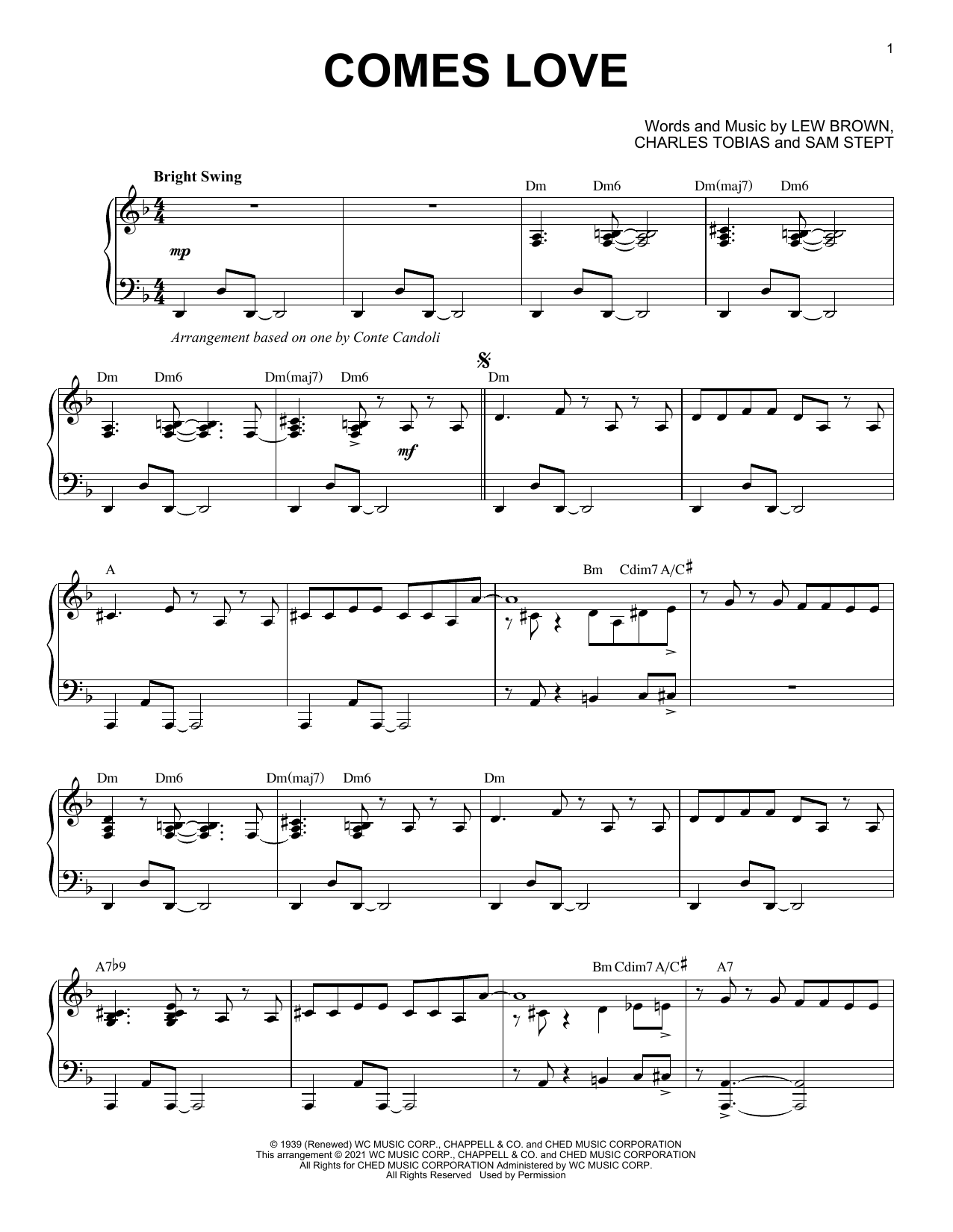 Download Lew Brown Comes Love [Jazz version] (arr. Brent Edstrom) Sheet Music and learn how to play Piano Solo PDF digital score in minutes