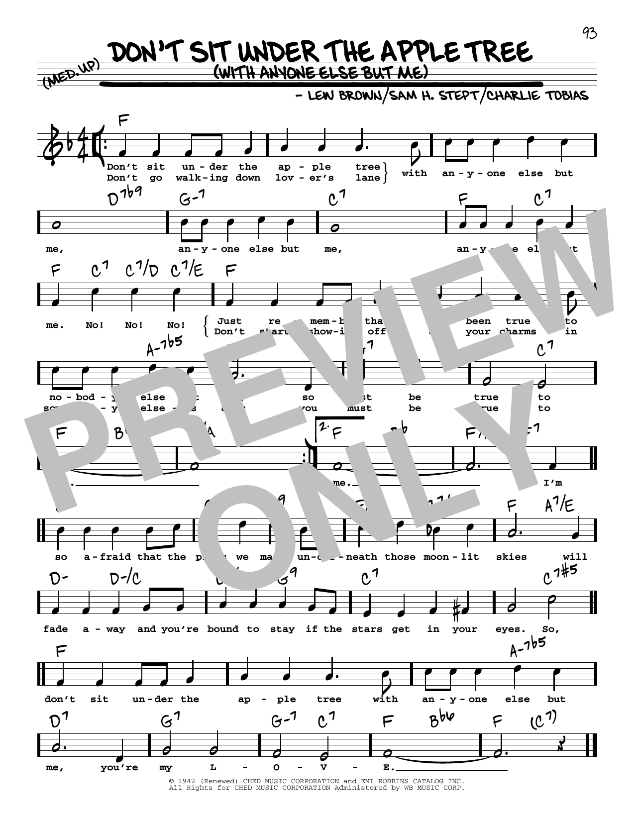 Download Lew Brown Don't Sit Under The Apple Tree (With Anyone Else But Me) (High Voice) Sheet Music and learn how to play Real Book – Melody, Lyrics & Chords PDF digital score in minutes