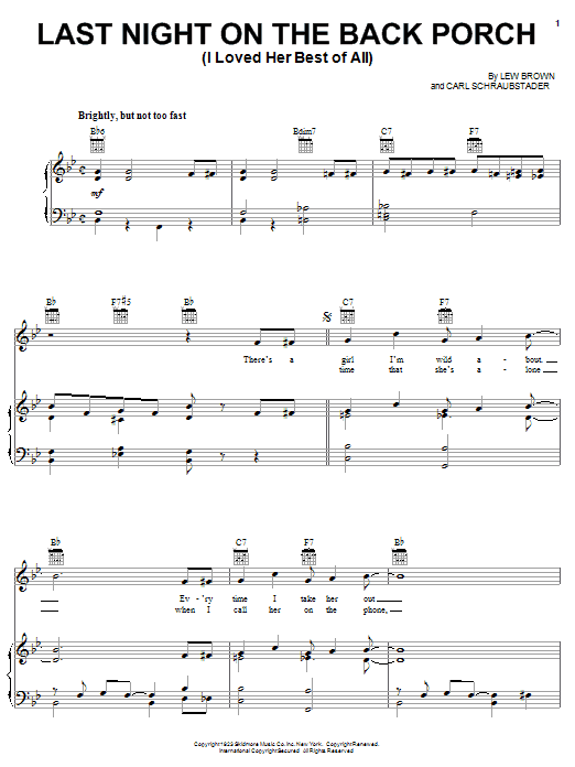 Download Lew Brown Last Night On The Back Porch (I Loved Her Best Of All) Sheet Music and learn how to play Piano, Vocal & Guitar (Right-Hand Melody) PDF digital score in minutes