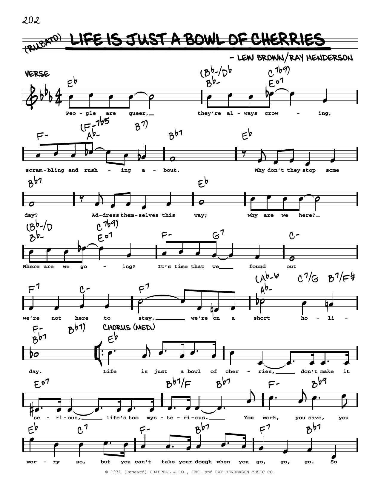 Download Lew Brown Life Is Just A Bowl Of Cherries (arr. Robert Rawlins) Sheet Music and learn how to play Real Book – Melody, Lyrics & Chords PDF digital score in minutes