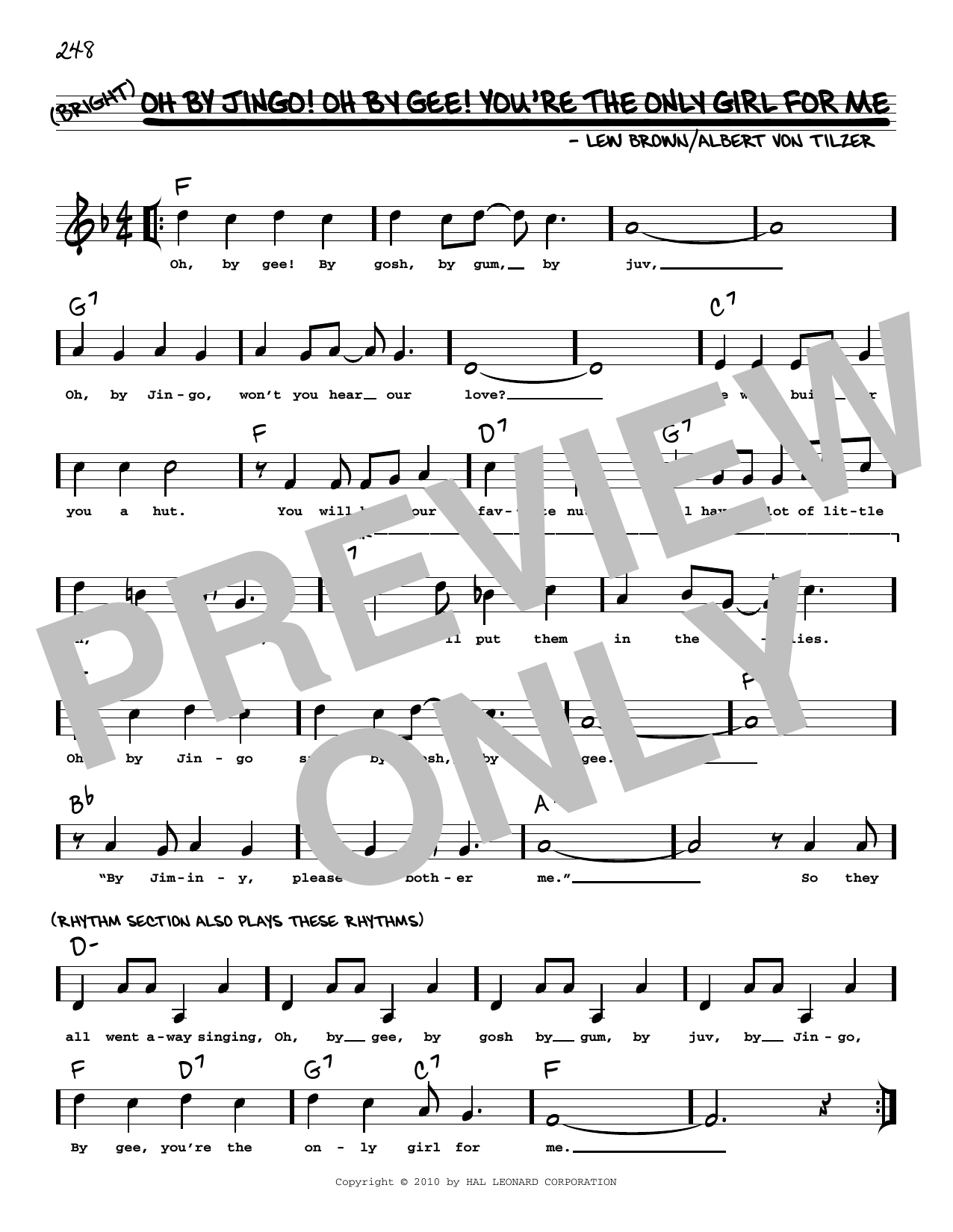 Download Lew Brown Oh By Jingo! Oh By Gee! You're The Only Girl For Me (arr. Robert Rawlins) Sheet Music and learn how to play Real Book – Melody, Lyrics & Chords PDF digital score in minutes
