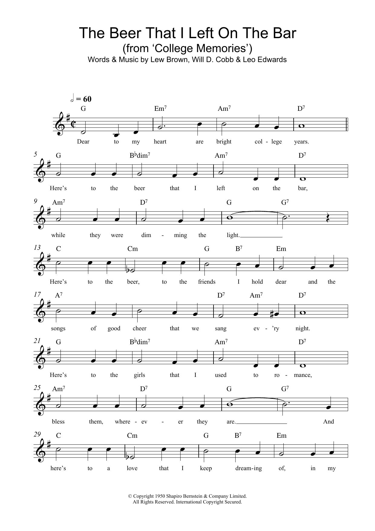 Download Lew Brown The Beer That I Left On The Bar (College Memories) Sheet Music and learn how to play Melody Line, Lyrics & Chords PDF digital score in minutes