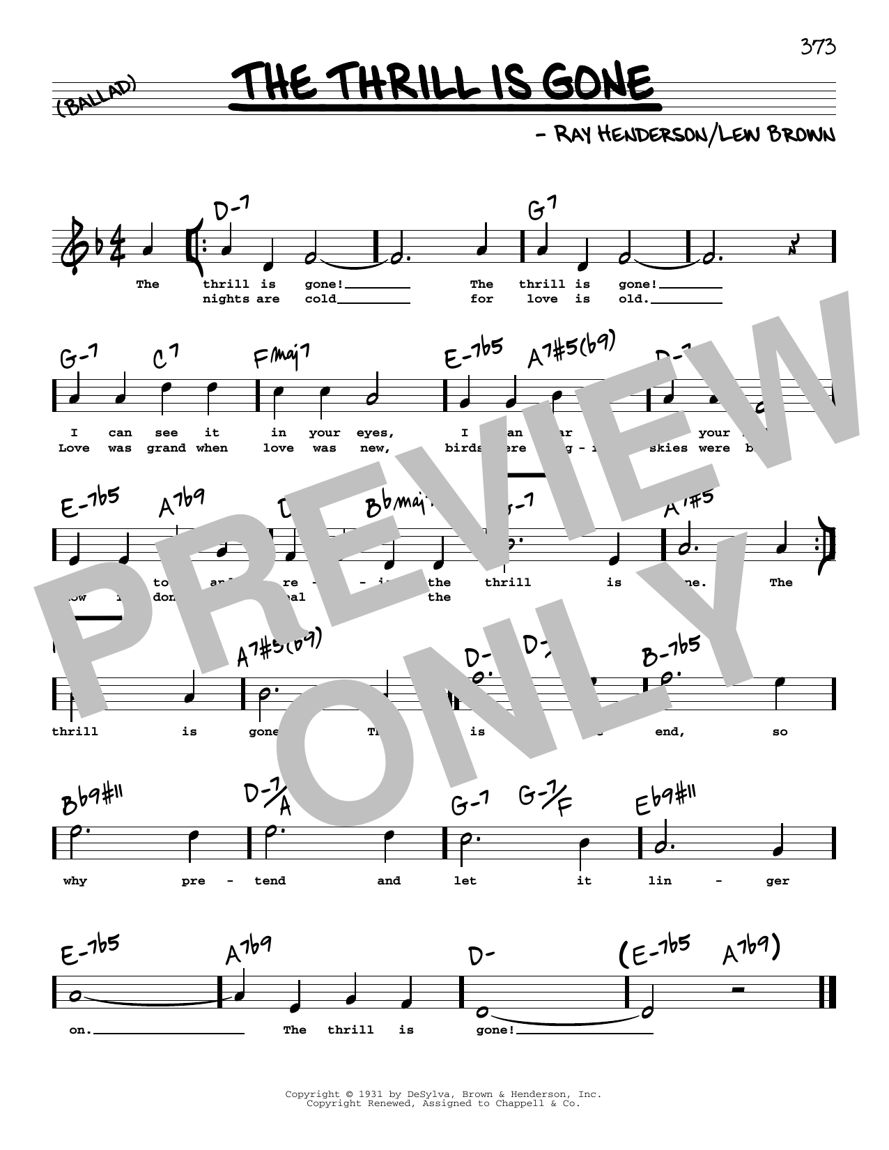 Download Lew Brown The Thrill Is Gone (High Voice) Sheet Music and learn how to play Real Book – Melody, Lyrics & Chords PDF digital score in minutes