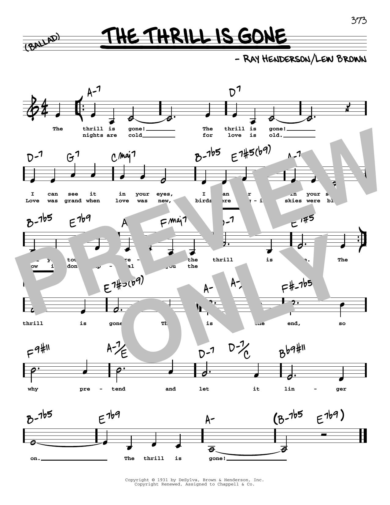 Download Lew Brown The Thrill Is Gone (Low Voice) Sheet Music and learn how to play Real Book – Melody, Lyrics & Chords PDF digital score in minutes