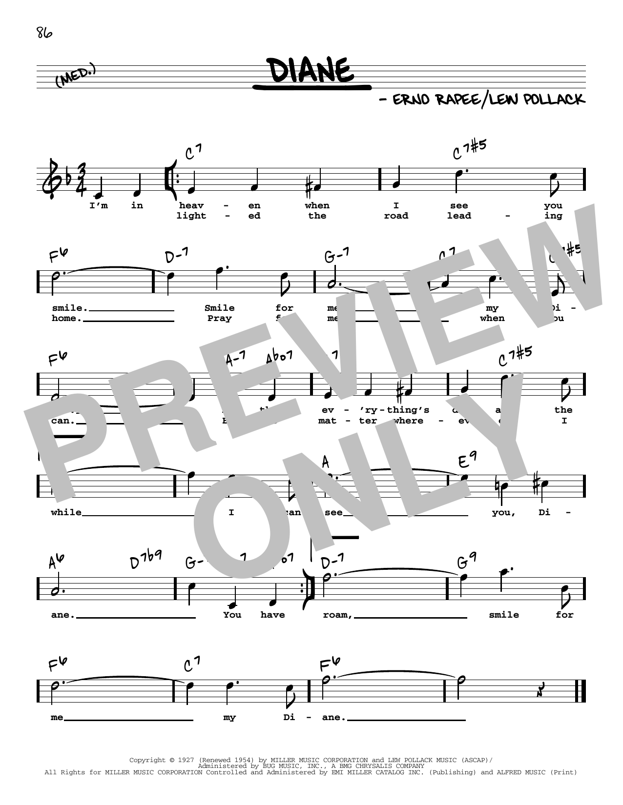Download Lew Pollack Diane (High Voice) Sheet Music and learn how to play Real Book – Melody, Lyrics & Chords PDF digital score in minutes