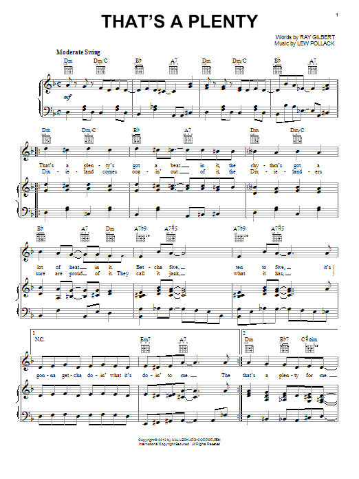 Download Lew Pollack That's A Plenty Sheet Music and learn how to play Piano, Vocal & Guitar (Right-Hand Melody) PDF digital score in minutes